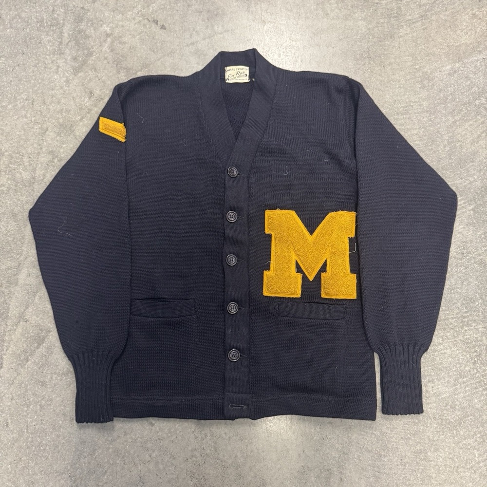 Vintage 50's Em-Roe Award Sweater Navy Wool Cardigan Varsity Letter M Patch Sz M